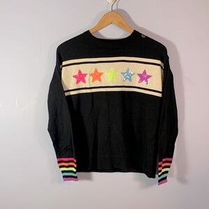 PLACE size 14 XL black sweater neon rainbow stars striped rainbow cuffs